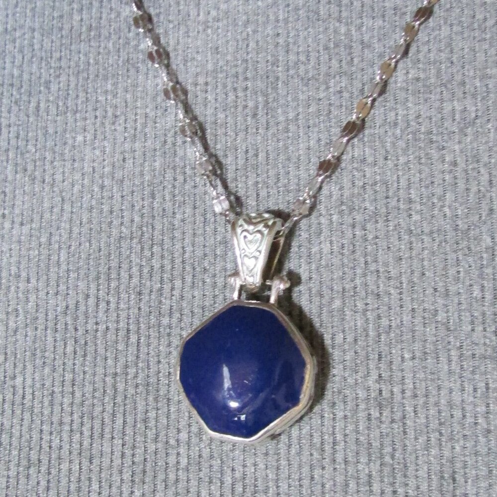 Blue & Silver Two-Sided Scroll Pendant on .925 Silver Chain